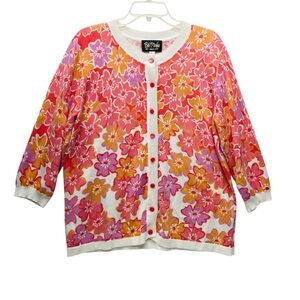 Bob Mackie Wearable Art Large Floral Cardigan 3/4 Sleeve Button Front Groovy Top